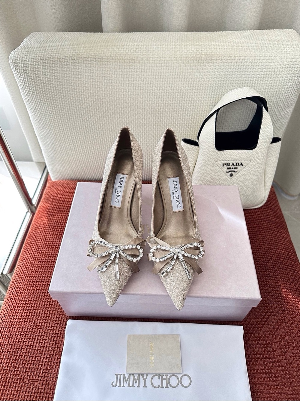 Jimmy Choo Champagne Glitter Pointed-Toe Pumps with Crystal Bow - Picture 6 of 8